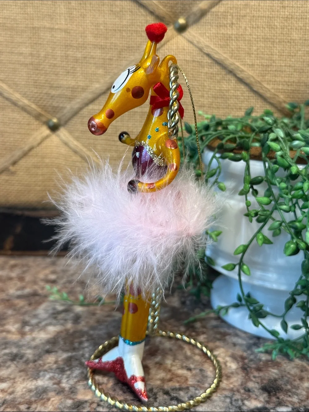 Gold and Pink Giraffe Ornament with Feather Skirt
